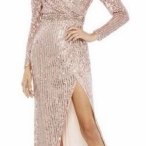 Mac Duggal Rose Gold Sequin High-Slit Long Sleeve Gown